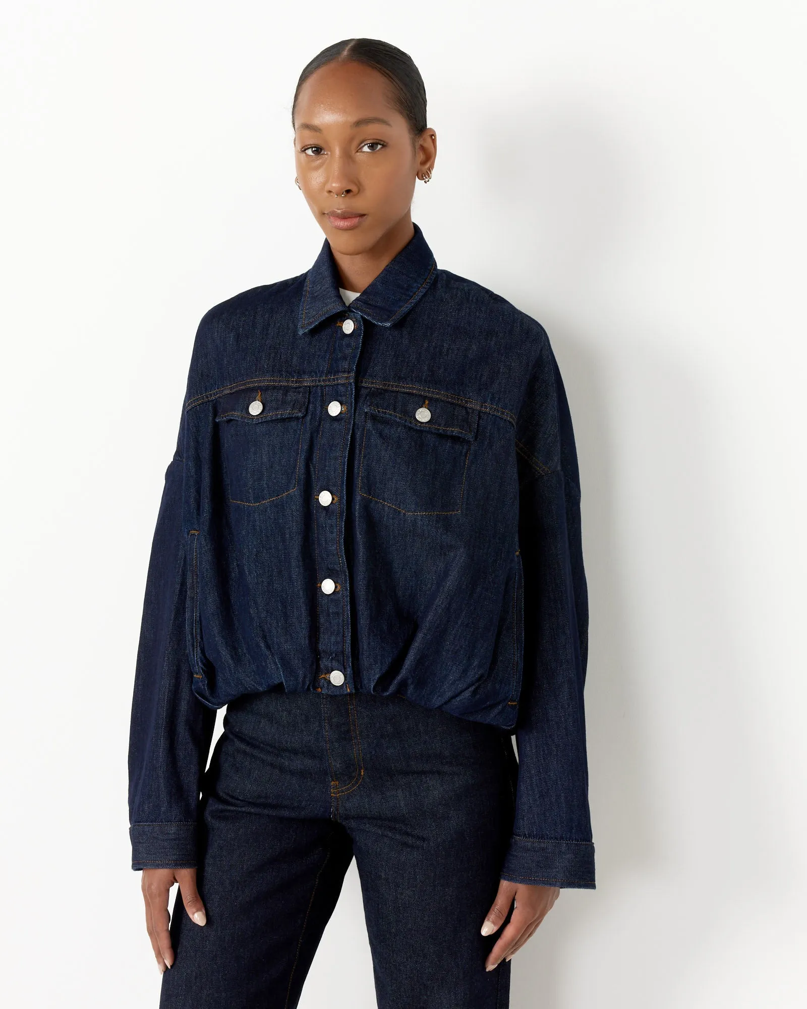 Gathered Denim Jacket in Indigo