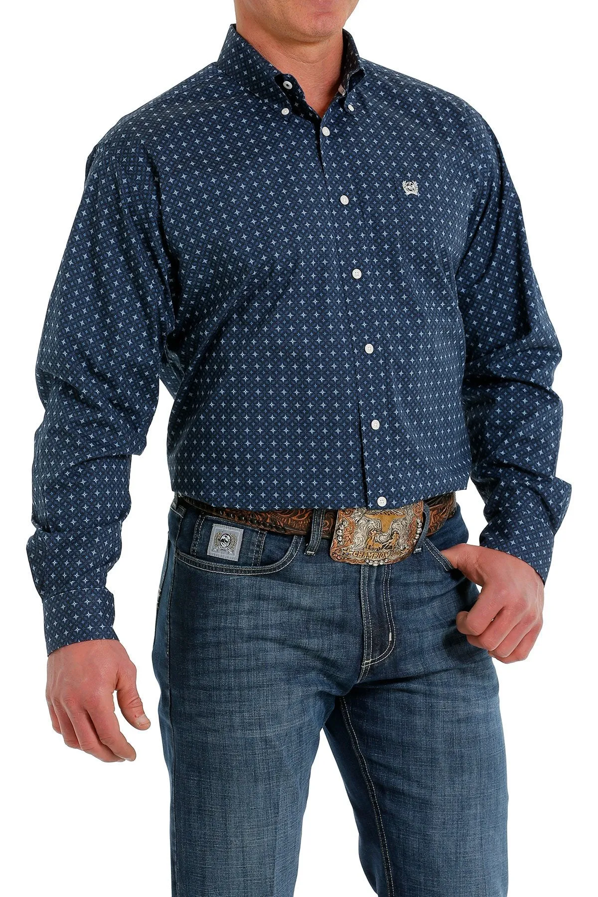 Cinch Mens Stretch Navy Geometric Print Shirt