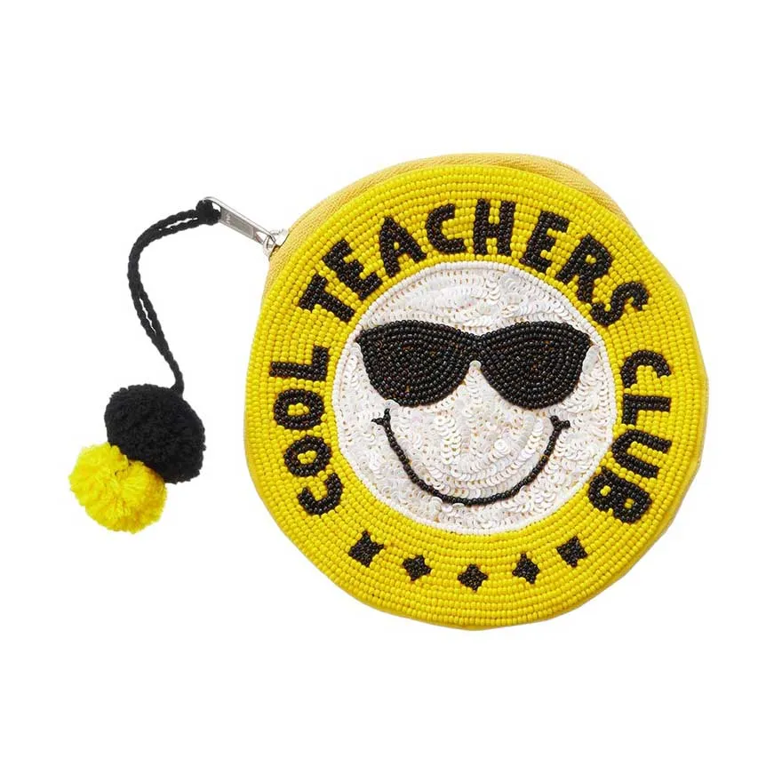 COOL TEACHERS CLUB Message Beaded Mini Round Pouch Bag