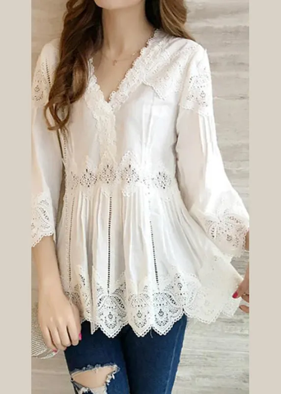 Fashion White V-Neck Ruffles Hollow Out Shirts Spring BV052