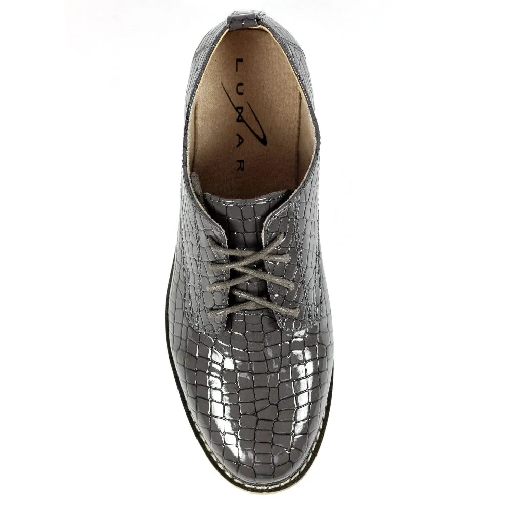 Lace Up Brogues Lunar Faux Croc Patent Ladies Casual Shoes Croft Grey sale