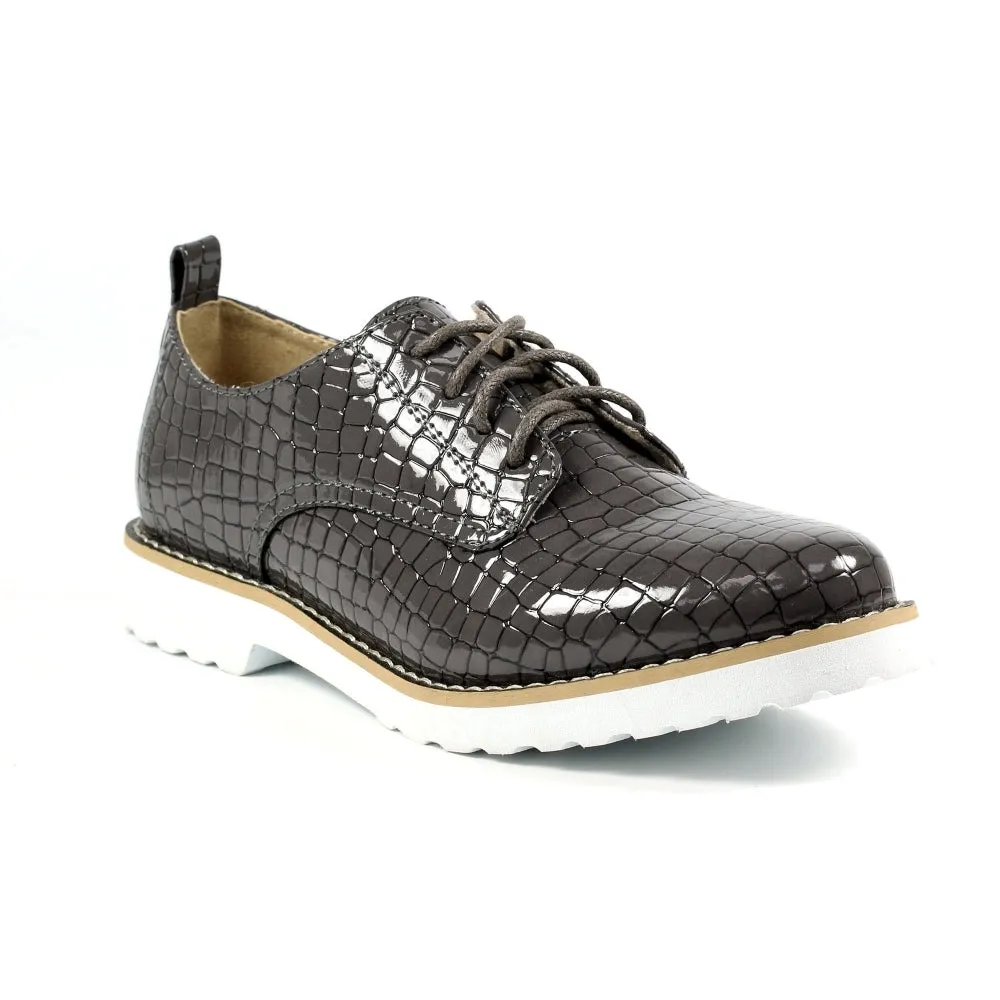 Lace Up Brogues Lunar Faux Croc Patent Ladies Casual Shoes Croft Grey sale