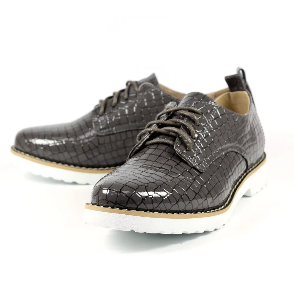 Lace Up Brogues Lunar Faux Croc Patent Ladies Casual Shoes Croft Grey sale