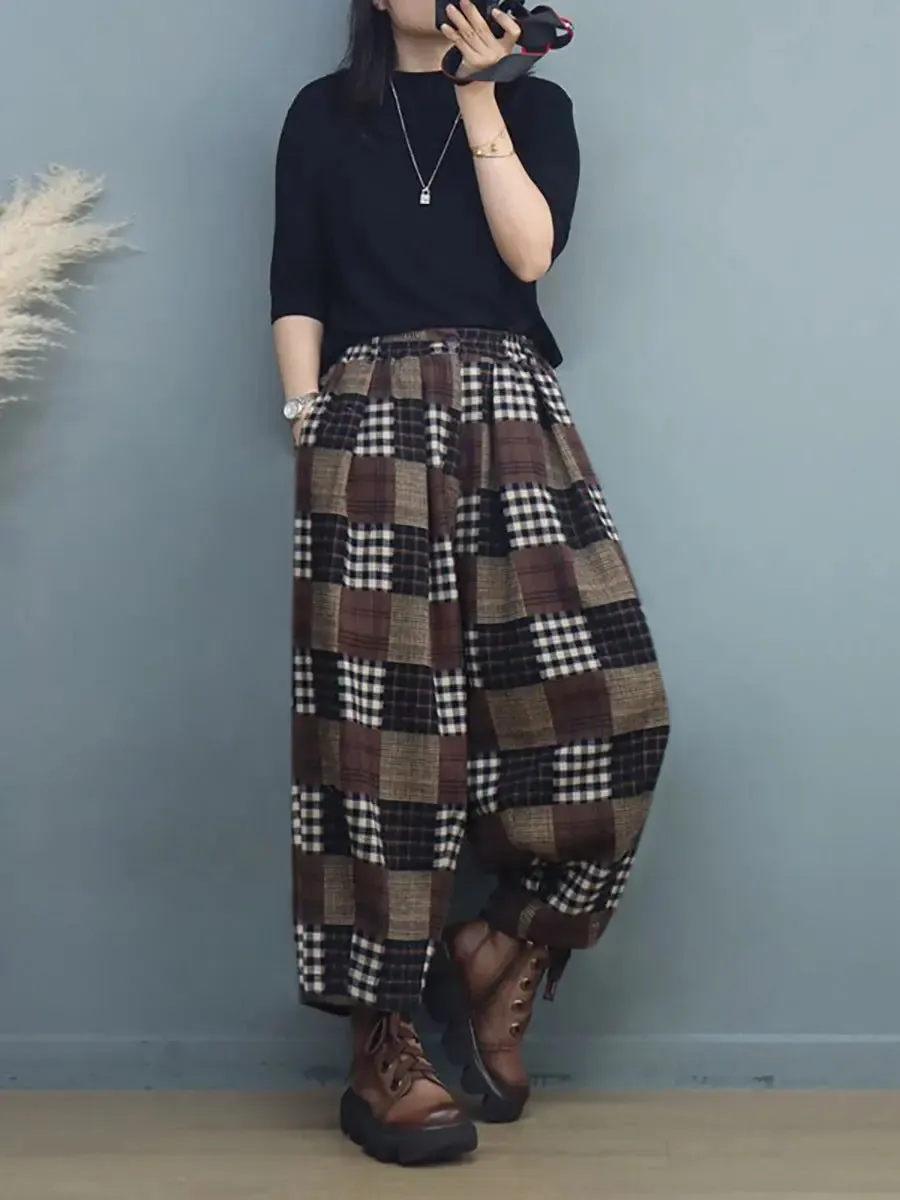 Women Vintage Plaid Harem Pants