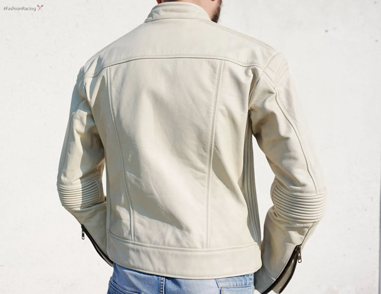 Men's cream leather jacket | Cafe-racer style | Handmade