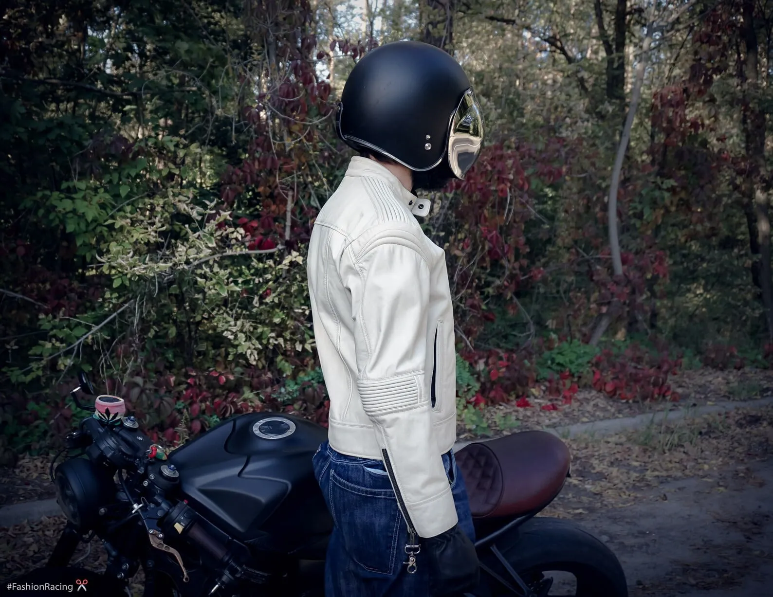 Men's cream leather jacket | Cafe-racer style | Handmade