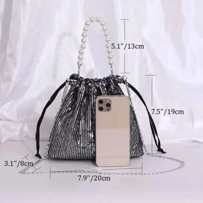 Mini Faux Pearl Beaded Drawstring Design Chain Sequin Evening Bag