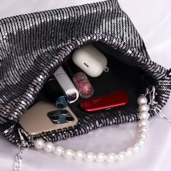 Mini Faux Pearl Beaded Drawstring Design Chain Sequin Evening Bag