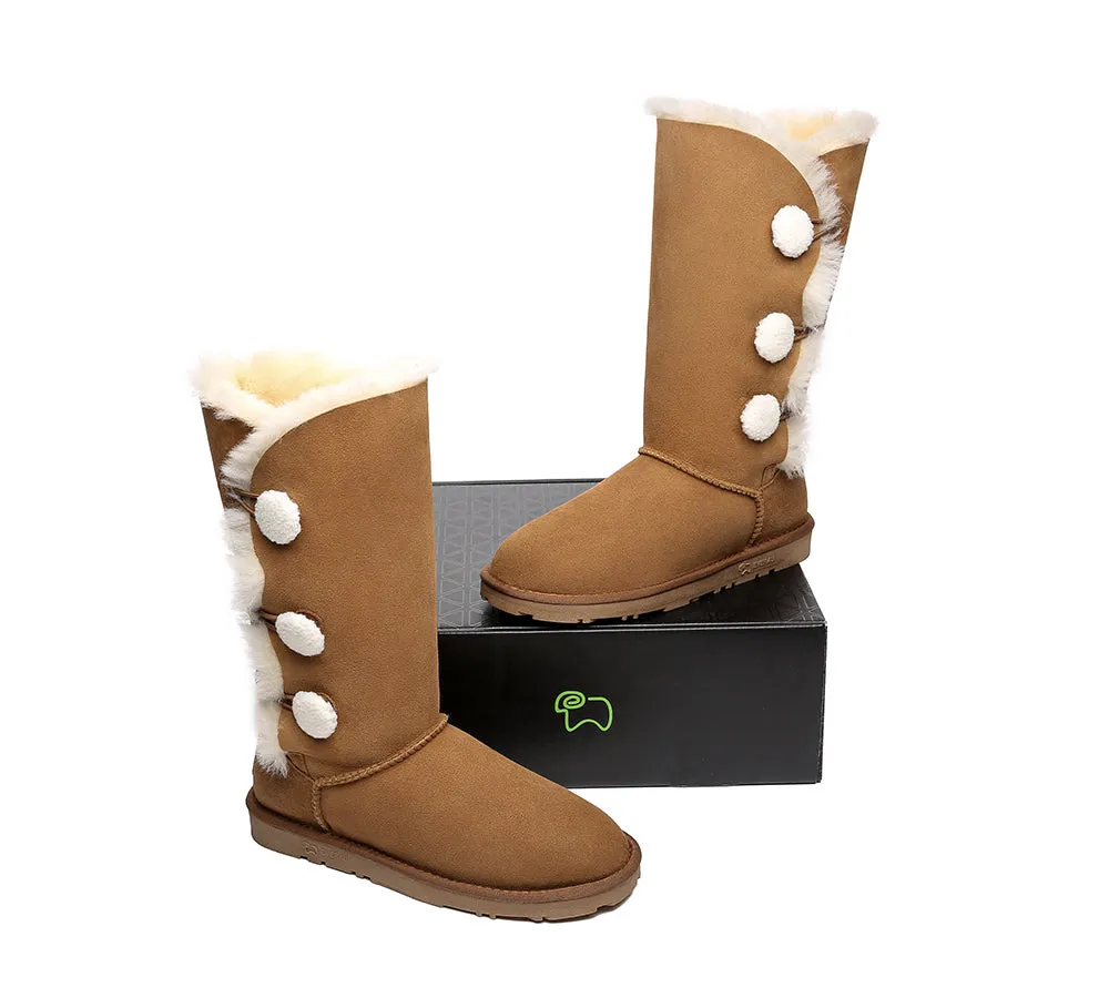 EVERAU Tall Aspen Sheepskin Boots with Triple Button Design - Stylish & Cozy Winter Footwear