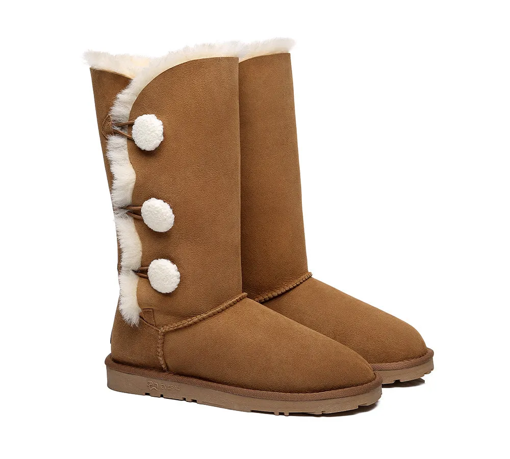 EVERAU Tall Aspen Sheepskin Boots with Triple Button Design - Stylish & Cozy Winter Footwear