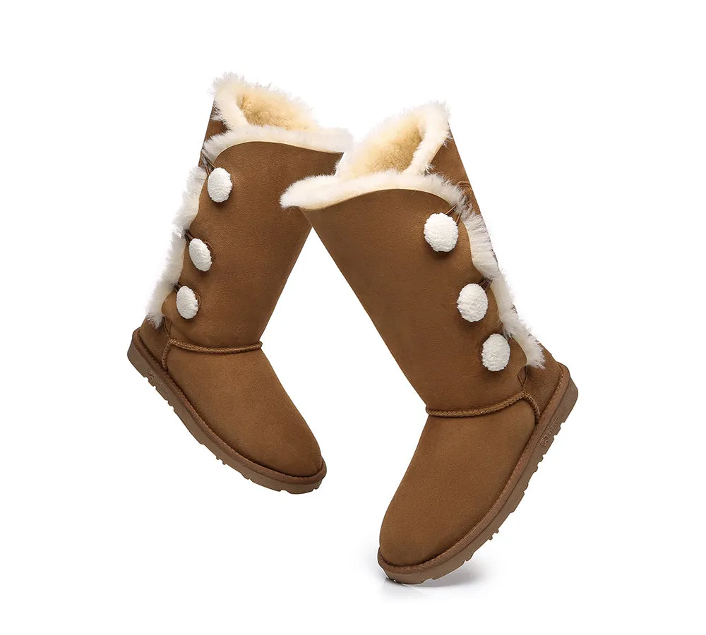 EVERAU Tall Aspen Sheepskin Boots with Triple Button Design - Stylish & Cozy Winter Footwear