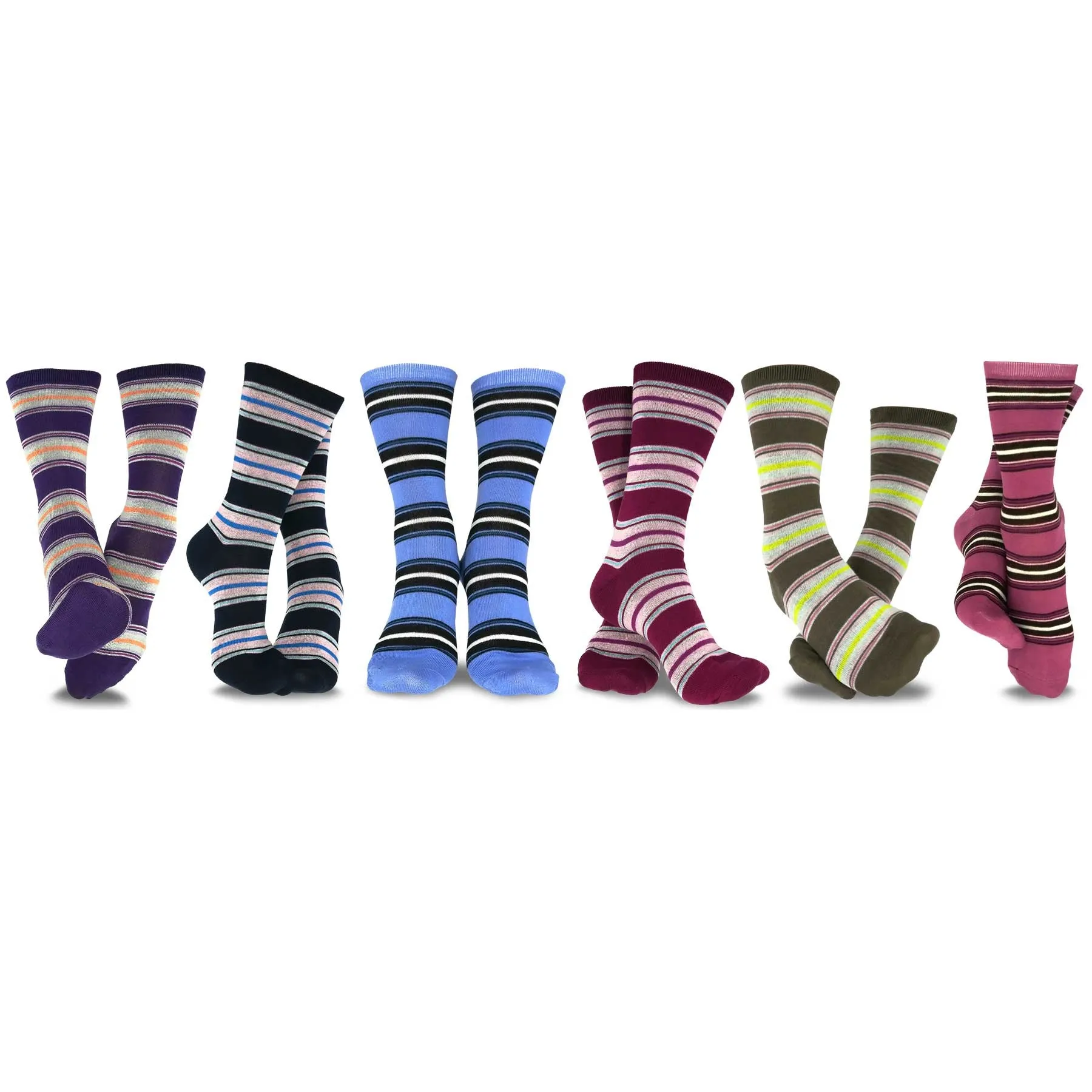 TeeHee Socks Women's Casual Polyester Crew Multi Stripe 6-Pack (11631)