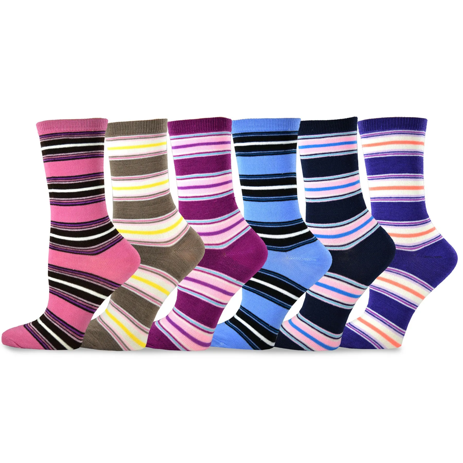 TeeHee Socks Women's Casual Polyester Crew Multi Stripe 6-Pack (11631)