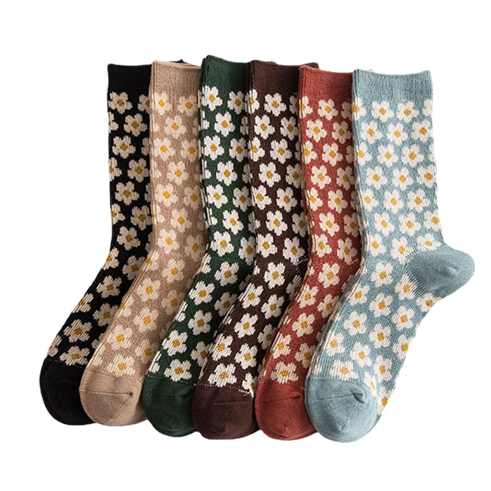 Women Cotton British Style Retro Floral Pattern Warm Casual Tube Socks