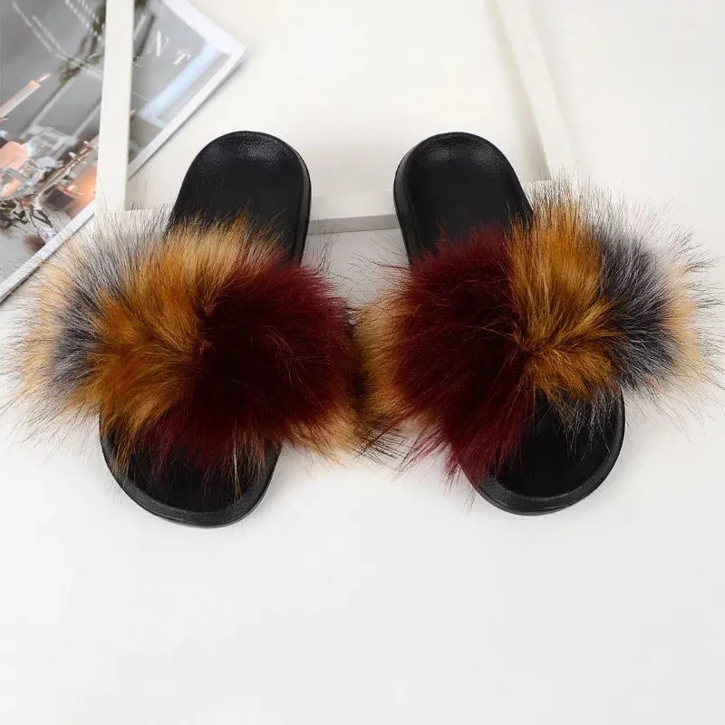 WOMEN FURRY FAUX FUR SHOE SLIDES SLIPPERS