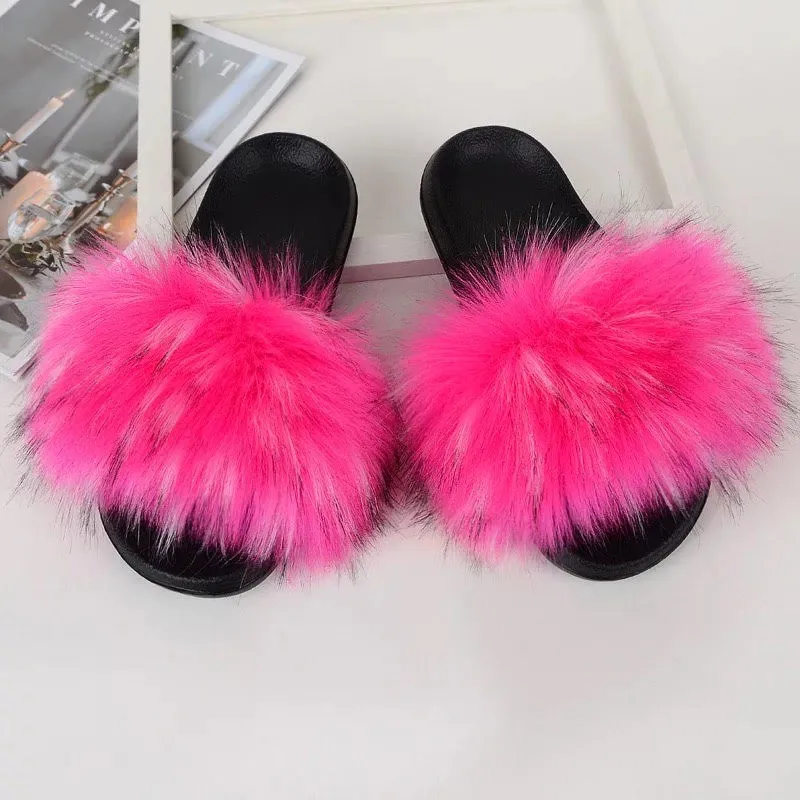 WOMEN FURRY FAUX FUR SHOE SLIDES SLIPPERS