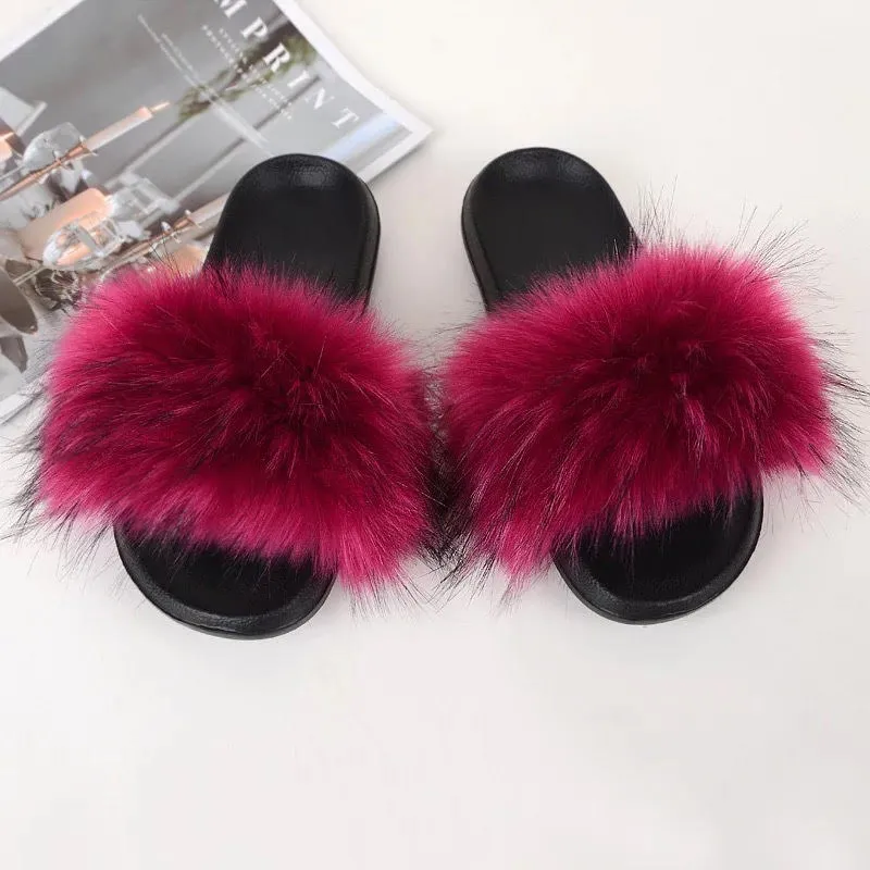 WOMEN FURRY FAUX FUR SHOE SLIDES SLIPPERS