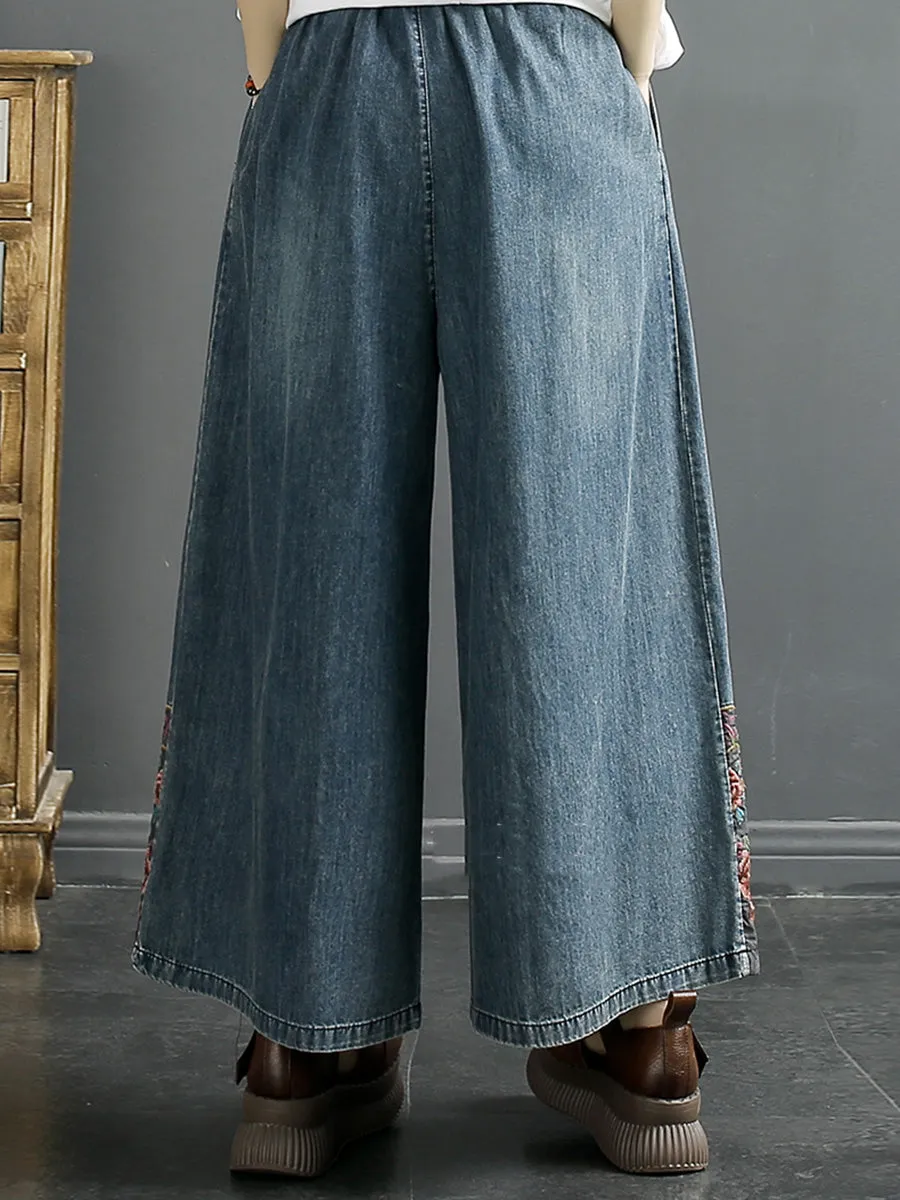 Women Vintage Summer Embroidery Wide-leg Denim Pants CO1050