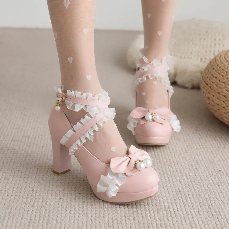 Women's Almond Toe Lace Bow Tie Pearls Chunky Heel Platform Pumps