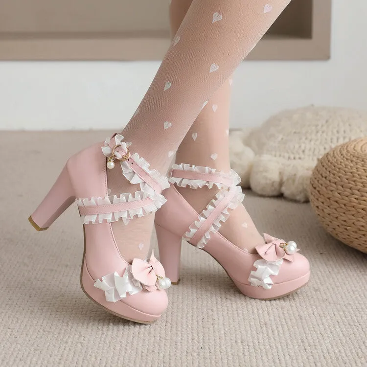 Women's Almond Toe Lace Bow Tie Pearls Chunky Heel Platform Pumps