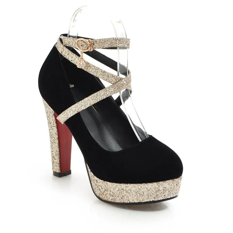 Women's Bling Bling Sequins Crossed Ankle Strap Chunky Heels High Heel Platform Pumps