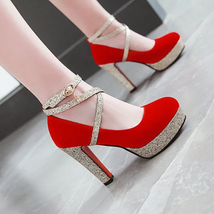 Women's Bling Bling Sequins Crossed Ankle Strap Chunky Heels High Heel Platform Pumps