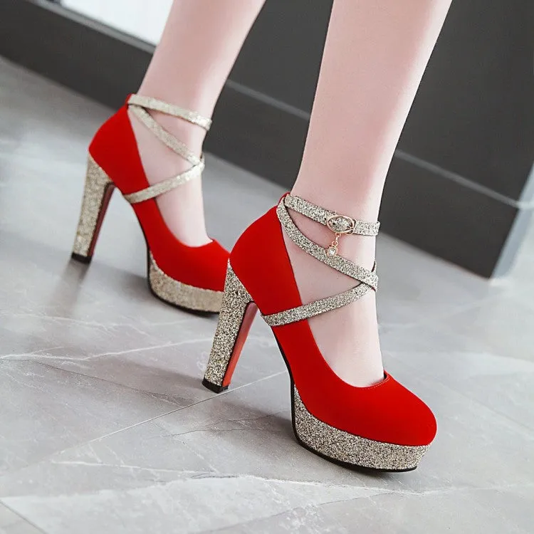 Women's Bling Bling Sequins Crossed Ankle Strap Chunky Heels High Heel Platform Pumps