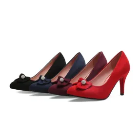 Women's Flock Pointed Toe Rhinestone Bow Tie Stiletto Heel Pumps