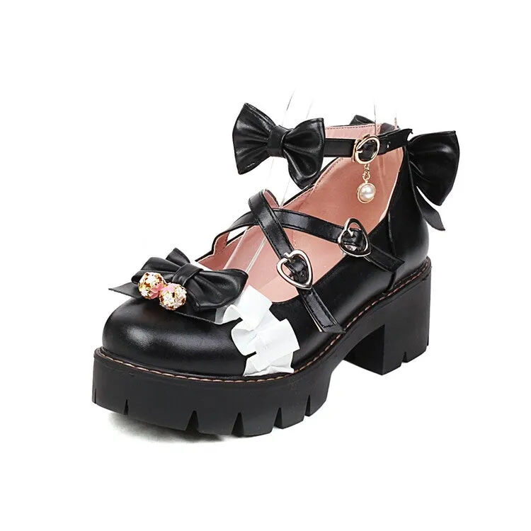 Women's Lolita Lace Bow Tie Chunky Heel Platform Pumps