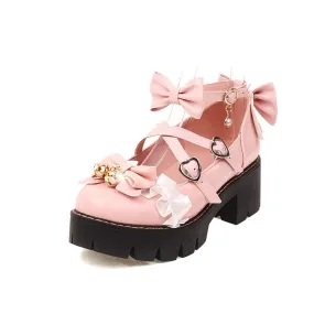 Women's Lolita Lace Bow Tie Chunky Heel Platform Pumps