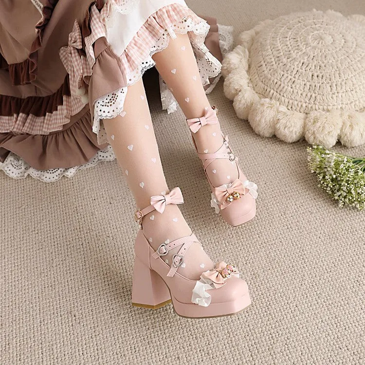 Women's Lolita Square Toe Lace Bow Tie Pearls Chunky Heel Platform Pumps