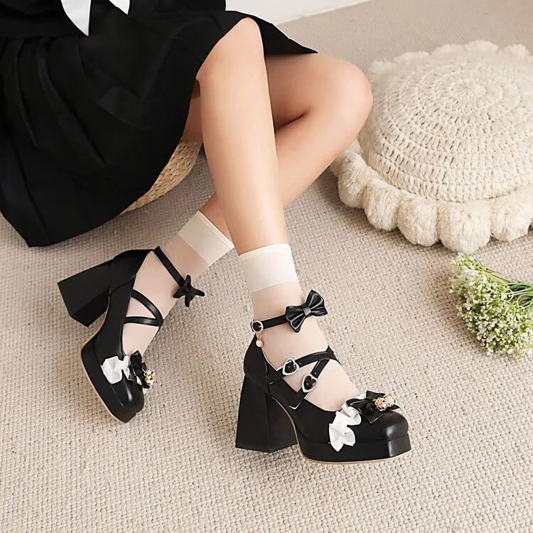 Women's Lolita Square Toe Lace Bow Tie Pearls Chunky Heel Platform Pumps