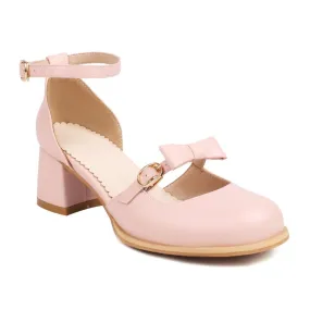 Women's Round Toe Bow Tie Ankle Strap Block Chunky Heel Sandals