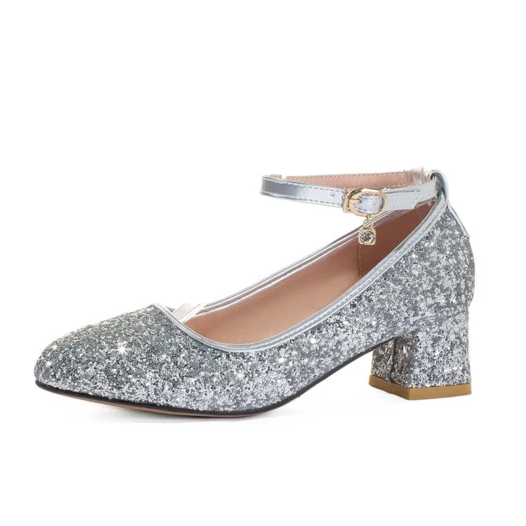 Women's Sequin Mary Jane Block Heels Pumps