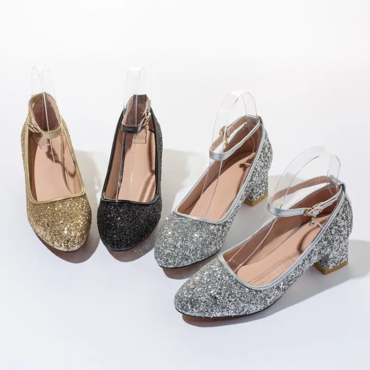 Women's Sequin Mary Jane Block Heels Pumps