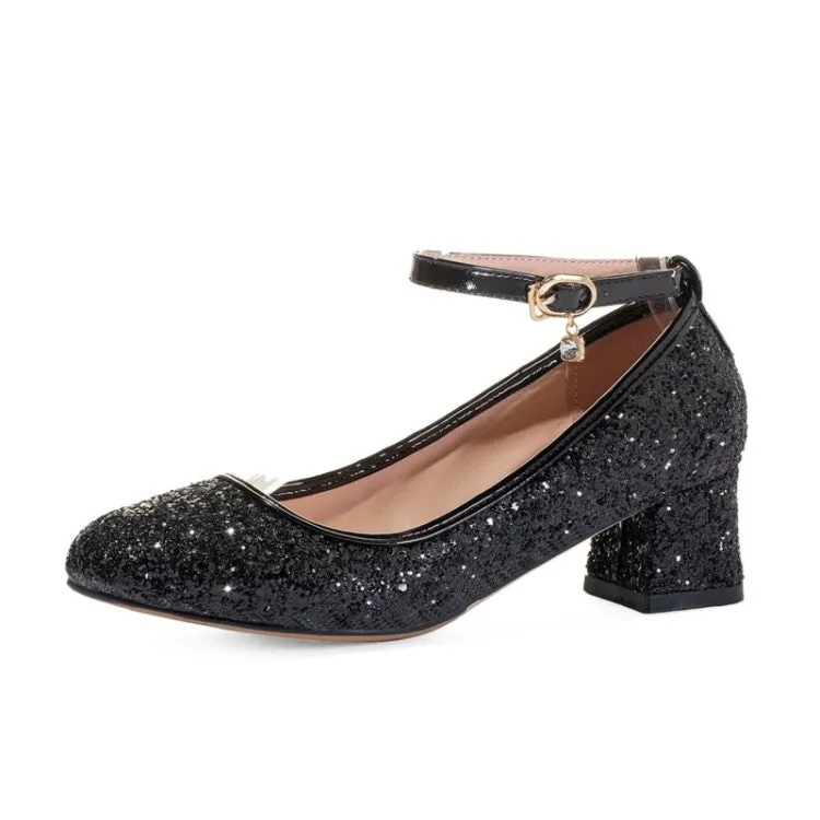 Women's Sequin Mary Jane Block Heels Pumps