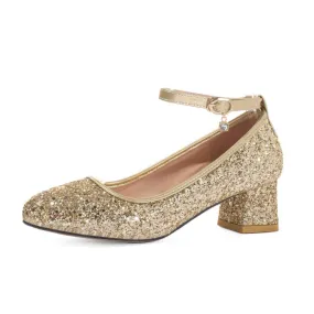 Women's Sequin Mary Jane Block Heels Pumps